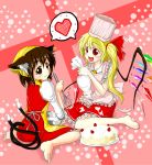  apron bandana barefoot blonde_hair bowl brown_eyes brown_hair cake cat_ears cat_tail chef_hat chen crystal flandre_scarlet food fruit hair_ribbon hat heart icing izuna_nie izunanie long_hair looking_back multiple_tails pastry pastry_bag red_eyes ribbon side_ponytail sitting spoken_heart strawberry tail touhou wariza whisk wings 