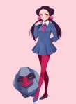  blush bow brown_hair furiru2 hair_bow legs long_legs necktie nintendo nosepass pantyhose pink_eyes pink_legwear pink_pantyhose pokemon pokemon_(game) pokemon_rse rokko_(popuri) simple_background tsutsuji_(pokemon) 