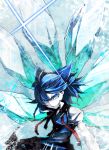  blue_eyes blue_hair bow cirno evil_grin evil_smile glint grin hair_bow ice pizaya s_tanly smile solo touhou wings 
