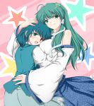  2girls green_hair heterochromia hug kochiya_sanae meso_(gjmeso) tatara_kogasa touhou 