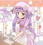  blush bow cooking crescent crescent_moon hair_bow hat heart long_hair patchouli_knowledge purple_eyes purple_hair ribbon rock_heart smile touhou 