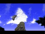  ac_(eshi) bad_id blonde_hair bust cloud eshi expressionless hat hat_removed headwear_removed letterboxed long_hair purple_eyes serious sky solo touhou wind yakumo_yukari 