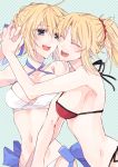  2girls 9tsumura ahoge bikini blonde_hair blush breasts closed_eyes fate/apocrypha fate/grand_order fate/stay_night fate_(series) green_eyes hug long_hair mother_and_daughter multiple_girls navel open_mouth ponytail saber saber_of_red sideboob smile swimsuit 