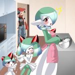   apron blush closed_eyes gardevoir green_hair kirlia nintendo pokemon ralts red_eyes  