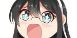  +_+ 1girl black_hair blue_eyes close-up glasses hair_between_eyes hairband kantai_collection long_hair looking_at_viewer no_nose ooyodo_(kantai_collection) open_mouth semi-rimless_glasses simple_background sin-poi solo symbol-shaped_pupils under-rim_glasses white_background white_hairband 