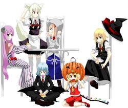  animal_ears bad_id bat_wings blonde_hair blue_eyes blue_hair braid dog_ears dog_tail flandre_scarlet hairband hat izayoi_sakuya kemonomimi_mode kirisame_marisa konro long_hair patchouli_knowledge red_eyes remilia_scarlet scar shamo_(koumakantv) short_hair tail thighhighs touhou twin_braids white_hair wings witch_hat yellow_eyes 