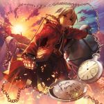  armor blonde_hair braid brothers chain chains edward_elric epic fullmetal_alchemist long_hair pocket_watch ritttz siblings sky sunset tombstone watch yellow_eyes 