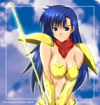  1girl armor asou_yuuko bikini_armor blue_background blue_eyes blue_hair breasts cloud fantasm_soldier gauntlets gold_armor hiviki_n&#039;alchemy large_breasts long_hair miniskirt mugen_senshi_valis pauldrons pillar red_scarf scarf shin_guards short_dress shoulder_guards skirt sky solo sword title_drop valis weapon 