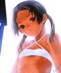  black_hair brown_eyes child flat_chest highres kawata_hisashi long_hair looking_down original solo swimsuit tan twintails 