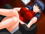  artist_request blue_hair brown_eyes chair character_request dutch_angle huge_breasts jpeg_artifacts sitting solo source_request 