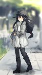  1girl artist_name black_hair blurry boots brown_eyes casual coat contemporary dated depth_of_field dress flat_cap hair_between_eyes hair_ornament hairclip hat hatsushimo_(kantai_collection) kantai_collection lansane long_hair long_sleeves looking_at_viewer open_clothes open_coat pantyhose scarf sidelocks sidewalk smile solo white_dress winter_clothes winter_coat 