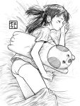  1girl graphite_(medium) hair_ribbon monochrome on_side panties ribbon sketch sleeping solo sora_no_woto stuffed_animal stuffed_toy suminoya_kureha traditional_media twintails underwear yoshikawa_kazunori yoshizou 