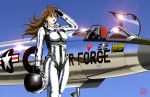  america brown_hair budspedy f-104 flightsuit geitassha gradient gradient_background headwear_removed helmet helmet_removed jet long_hair military original pilot_suit salute shiny solo the_right_stuff 