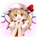  bust fangs flandre_scarlet happy hat lowres open_mouth red_eyes short_hair side_ponytail solo touhou tsuyuki wings 