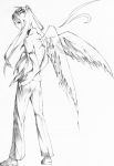  back bad_id fujiwara_no_mokou hands_in_pockets highres looking_back marushi solo standing touhou traditional_media wings 
