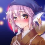  blush brown_eyes close-up earrings face hazuki_rui head_scarf japanese_clothes jewelry light_smile looking_at_viewer mystia_lorelei okamisty pink_hair short_hair smile solo tasuki touhou wings 