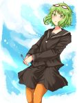  fork from_below glasses glasses_on_head green_eyes green_hair gumi highres orange_legwear pantyhose pleated_skirt school_uniform short_hair skirt vocaloid yowamushi_mont-blanc_(vocaloid) yunie22 