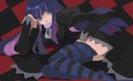  black_dress blue_eyes candy dress gothic_lolita leaning lolita_fashion lollipop long_hair lying mouth_hold multicolored_hair panty_&amp;_stocking_with_garterbelt solo stocking_(character) stocking_(psg) striped striped_legwear striped_thighhighs swirl_lollipop thigh-highs thighhighs two-tone_hair 