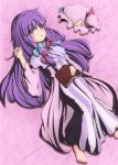  book capelet crescent crescent_moon hair_ribbon hakuyou_no_isseki hat hat_removed headwear_removed highres long_hair lying patchouli_knowledge purple_eyes purple_hair ribbon solo striped touhou very_long_hair violet_eyes 