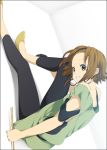  brown_eyes brown_hair drumsticks grin k-on! leggings listen!! mizuki_makoto sitting smile solo strap_slip tainaka_ritsu 