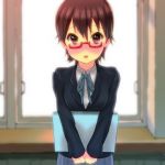  book brown_eyes brown_hair glasses highres k-on! koumo manabe_nodoka red-framed_glasses school_uniform semi-rimless_glasses short_hair solo under-rim_glasses 