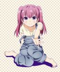  barefoot mattaku_mosuke original outstretched_arm outstretched_hand overalls reaching smile solo strap_slip twintails 