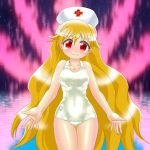  1girl blonde_hair blush breasts commentary_request hat junko_(touhou) long_hair looking_at_viewer nurse_cap one-piece_swimsuit red_eyes school_swimsuit shiny shiny_clothes smile solo swimsuit tagme touhou very_long_hair white_school_swimsuit white_swimsuit winn 