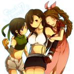  3girls arm_hug bare_shoulders belt black_hair blue_eyes blush body_blush bow brown_eyes brown_hair closed_eyes dress earrings elbow_gloves female final_fantasy final_fantasy_vii fingerless_gloves gloves hair_bow headband highres hiyo_kiki hiyokiki jacket long_hair midriff miniskirt navel open_fly open_mouth short_hair shorts skirt smile suspenders tanktop tifa_lockhart unzipped yuffie_kisaragi 