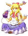  1girl blonde_hair bow chain horns ibuki_suika long_hair looking_at_viewer open_mouth simple_background solo touhou tsurukou_(tksymkw) very_long_hair white_background 