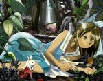  alice_in_wonderland bad_id bow brown_eyes brown_hair deer dress forest hair_bow lying nature on_side pocket_watch shoes short_hair shuku smile watch white_rabbit 