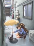  ahoge akizuki_ritsuko alley bag brown_hair cat closed_eyes fuugetsu_makoto ganaha_hibiki hair_ribbon idolmaster long_hair multiple_girls outdoors ponytail rain ribbon satchel school_uniform skirt smile squatting street translated umbrella window 