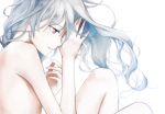  darker_than_black fetal_position flat_chest long_hair lying nude on_side purple_eyes silver_hair simple_background solo violet_eyes wooga yin 
