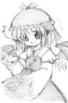  hat monochrome musical_note mystia_lorelei nisu open_mouth short_hair singing sketch solo touhou traditional_media wide_sleeves wings 