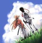  cloud clouds dutch_angle grass hakama himura_kenshin japanese_clothes long_hair male multiple_boys rurouni_kenshin sagara_sanosuke samurai sky 