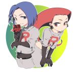  blue_hair c_(dtmd) flower kojirou_(pokemon) musashi_(pokemon) no_nose pokemon pokemon_(anime) red_hair redhead rose simple_background team_rocket 
