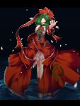  bow dear_chaos dress frills green_eyes green_hair hair_bow highres kagiyama_hina petals ribbon solo touhou 