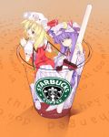  blonde_hair commentary cup fang flandre_scarlet girl_in_a_cup hat in_container in_cup kurokuro long_hair minigirl multiple_girls patchouli_knowledge ponytail product_placement pun purple_eyes purple_hair red_eyes short_hair side_ponytail starbucks touhou violet_eyes wings 