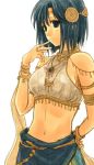  armlet bare_shoulders blue_eyes blue_hair bracelet dancer fire_emblem fire_emblem:_mystery_of_the_emblem fire_emblem_mystery_of_the_emblem hand_on_hip hand_to_mouth harushino jewelry katua midriff ribbon short_hair 