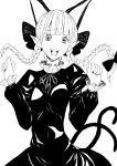  bangs blunt_bangs braid cat_ears cat_tail extra_ears face fangs hands kaenbyou_rin long_hair long_sleeves monochrome multiple_tails open_mouth pointy_ears sabiirodoramu solo tail touhou twin_braids 