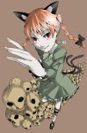  braid cat_ears cat_tail foreshortening from_above highres kaenbyou_rin marushi multiple_tails simple_background skull solo tail touhou 