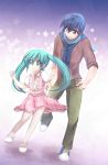  aqua_hair blue_eyes blue_hair bow dress hatsune_miku kaito long_hair salovesy scarf sweatdrop thigh-highs thighhighs twintails vocaloid young 