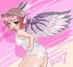  1girl 2017 brown_eyes commentary_request hands_on_hips hat looking_at_viewer mystia_lorelei one-piece_swimsuit open_mouth pink_hair school_swimsuit see-through solo swimsuit tagme thighs touhou wet wet_clothes white_school_swimsuit white_swimsuit wings winn 