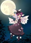  dress flying full_moon hat hitsujin leaf moon moon_rabbit mystia_lorelei night night_sky open_mouth outstretched_arm outstretched_hand pink_hair rabbit sky touhou when_you_see_it winged_shoes wings 
