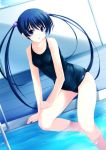  blue_hair dutch_angle hair_bobbles hair_ornament long_hair mizutuki one-piece_swimsuit original pool poolside purple_eyes school_swimsuit solo submerged swimsuit twintails violet_eyes 