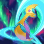  :o aurora commentary_request cresselia from_below glowing green_eyes highres looking_at_viewer looking_down mian_(3zandora) no_humans pokemon pokemon_(creature) solo 