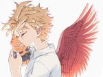  1boy blonde_hair body_markings boku_no_hero_academia character_doll closed_eyes collared_shirt doll endeavor_(boku_no_hero_academia) feathered_wings hawks_(boku_no_hero_academia) head_down holding holding_doll male_focus miso_(mimimiso) red_feathers shirt short_hair solo spread_wings white_background white_shirt wind wings younger 