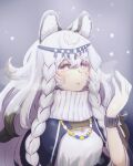  1girl animal_ear_fluff animal_ears arknights bangs bead_necklace beads black_capelet bokiboki333 braid capelet eyebrows_visible_through_hair grey_eyes highres jewelry leopard_ears leopard_girl long_hair necklace open_mouth pramanix_(arknights) side_braids solo upper_body white_hair 