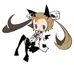  1girl :o ahoge animal_ears bangs bare_arms bare_shoulders black_choker black_footwear black_legwear black_skirt black_wings blue_ribbon blush_stickers brown_hair cat_ears choker demon_tail demon_wings detached_wings floating_hair hair_ornament invisible_chair long_hair looking_at_viewer looking_to_the_side mini_wings miniskirt no_nose original parted_bangs parted_lips pleated_skirt pointy_ears ribbon shirt simple_background sitting skirt skull_hair_ornament sleeveless sleeveless_shirt solo tail thigh-highs twintails white_background white_shirt wings yukihi zettai_ryouiki 