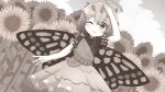  1girl antennae blush butterfly_wings closed_mouth coruthi dress eternity_larva eyebrows_visible_through_hair fairy flower hair_between_eyes highres leaf leaf_on_head monochrome multicolored_clothes multicolored_dress one_eye_closed short_hair short_sleeves single_strap smile solo sunflower touhou wings 
