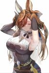  1girl animal_ears armpits arms_up belt black_dress black_gloves blue_hair breast_curtains breasts brown_hair closed_eyes cowboy_shot dress elbow_gloves galleon_(granblue_fantasy) gloves granblue_fantasy hair_between_eyes hand_in_hair highres horns large_breasts multicolored_hair pointy_ears sideboob thousa_01 white_background 